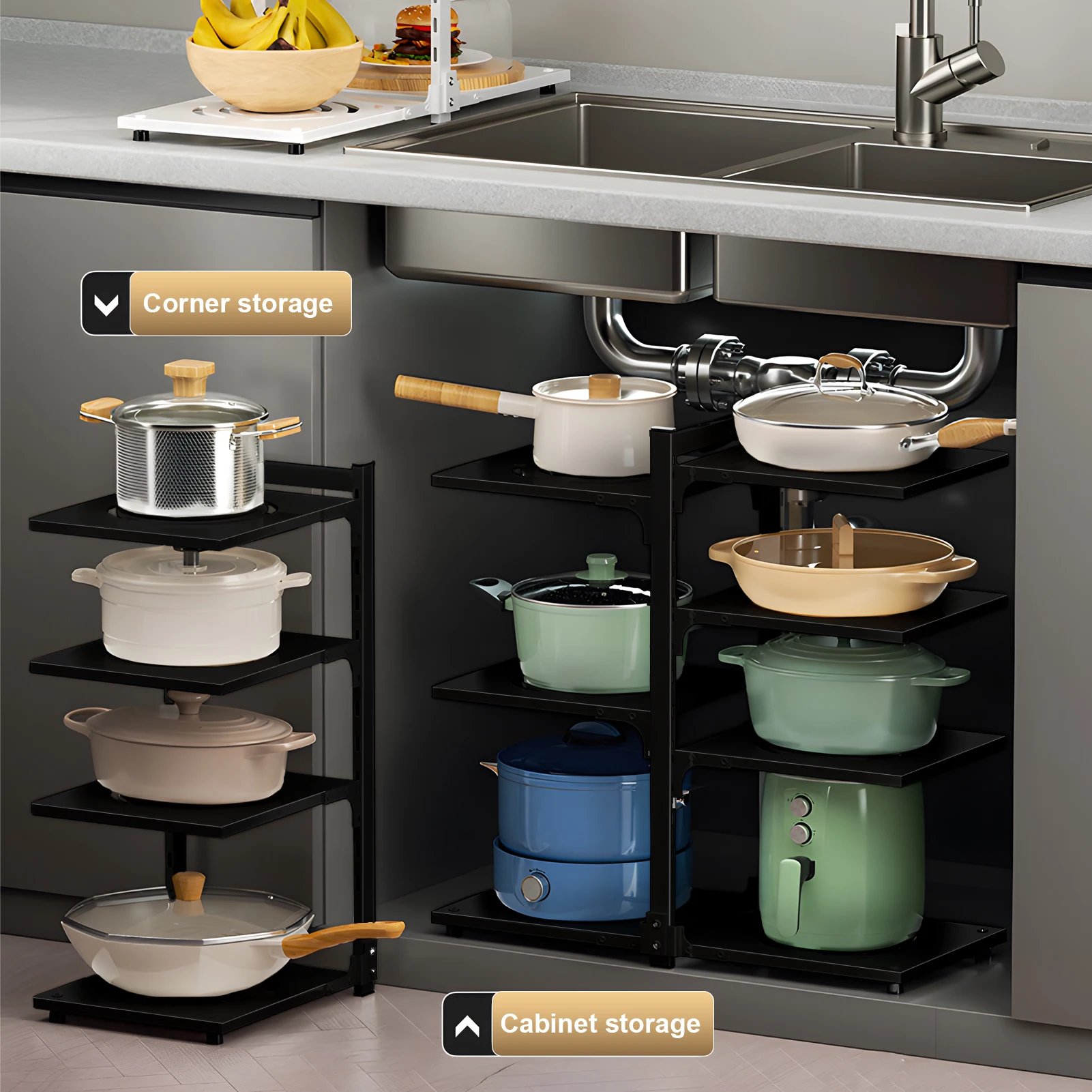 Pots and Pans Organizer for Cabinet, Pots Pans Organizer under Cabinet, 4 Tiers Adjustable Cabinet Pan Organizer Rack