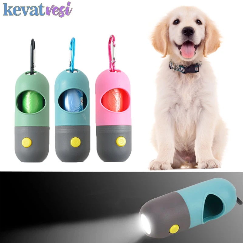 Portable Dog Poop Bag Dispenser Waste Bag Holder with LED Light Outdoor Dogs Trash Bag Dispenser Garbage Bag Hanging Storag Box