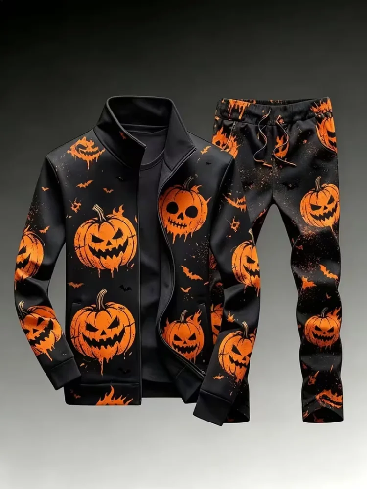 Tracksuit Set Men's Fashion Halloween Style Pumpkin Print Stand Collar Zip Up Jacket Jogger Pants Suits Oversized Outfits