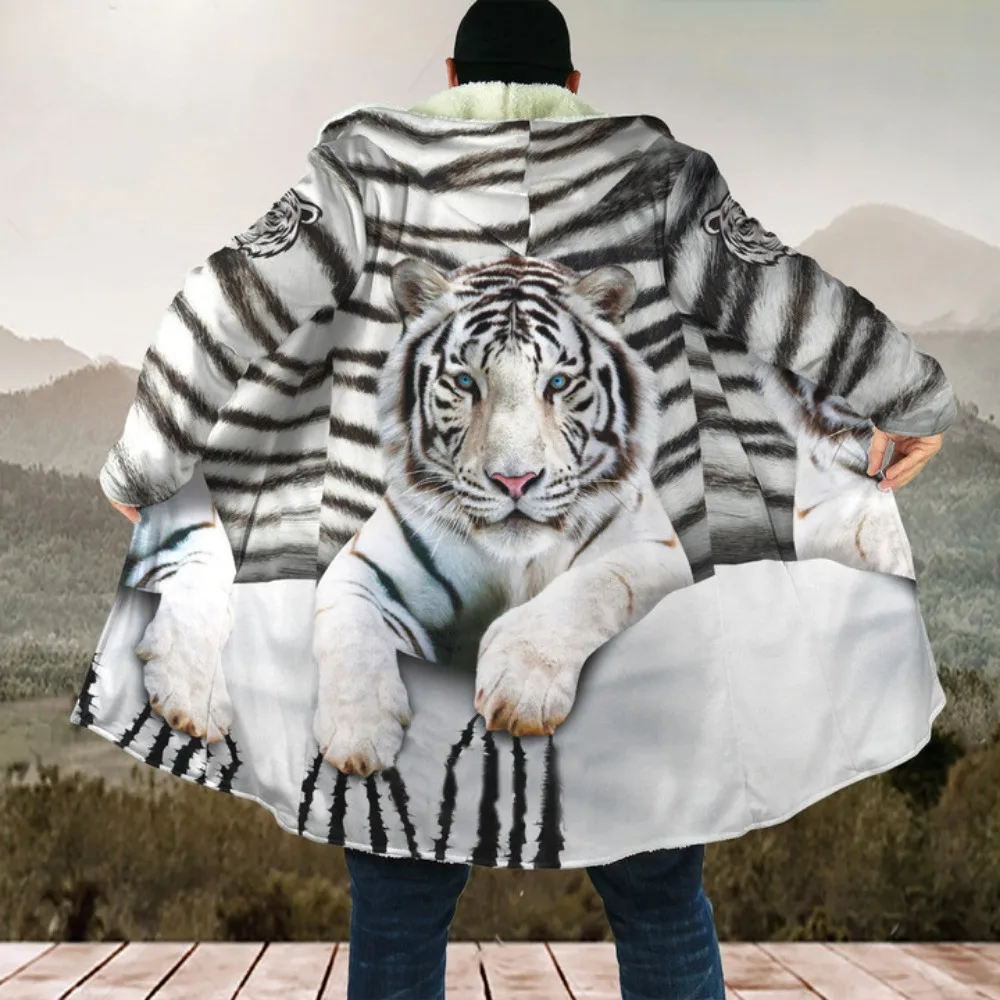 MSIEESO Winter Men Hooded Cloak Animal Tiger Graphic 3D Printed Fleece Wind Breaker Unisex Casual Thick Warm Hood Cloak