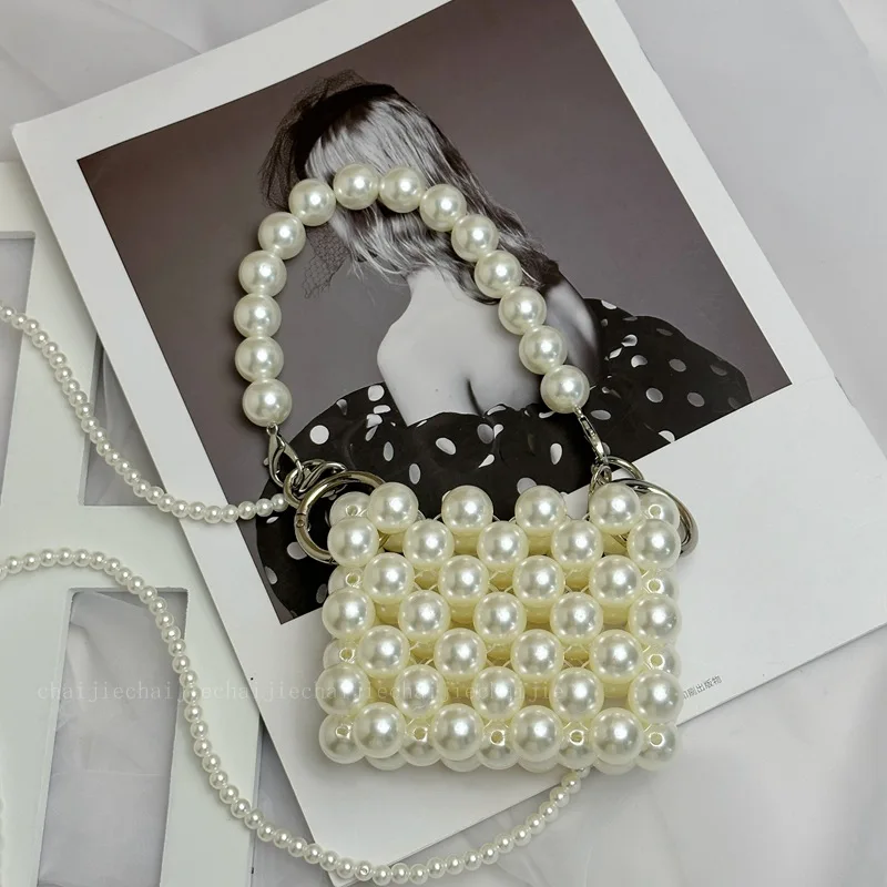 2026 Vintage Handmade Acrylic Pearl Bead Metal Hand-held Crossbody Chain Woven Women's Bags Mini Exquisite Compact Banquet Bag