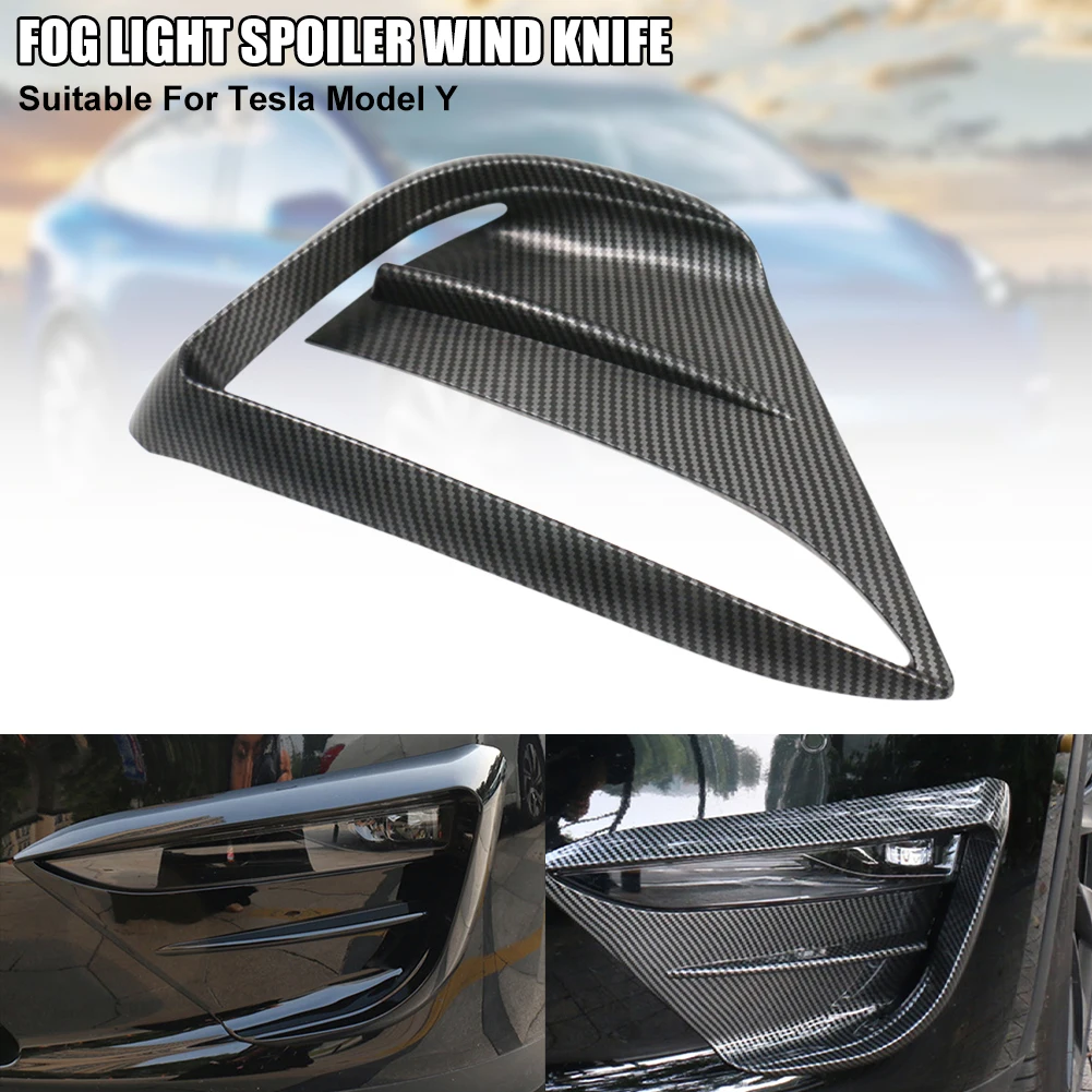 1Pair Front Fog Light Trim Cover Frame Blade Fog Lamp Eyebrow Spoiler Carbon Fiber ABS Self-Adhesive For Tesla Model Y