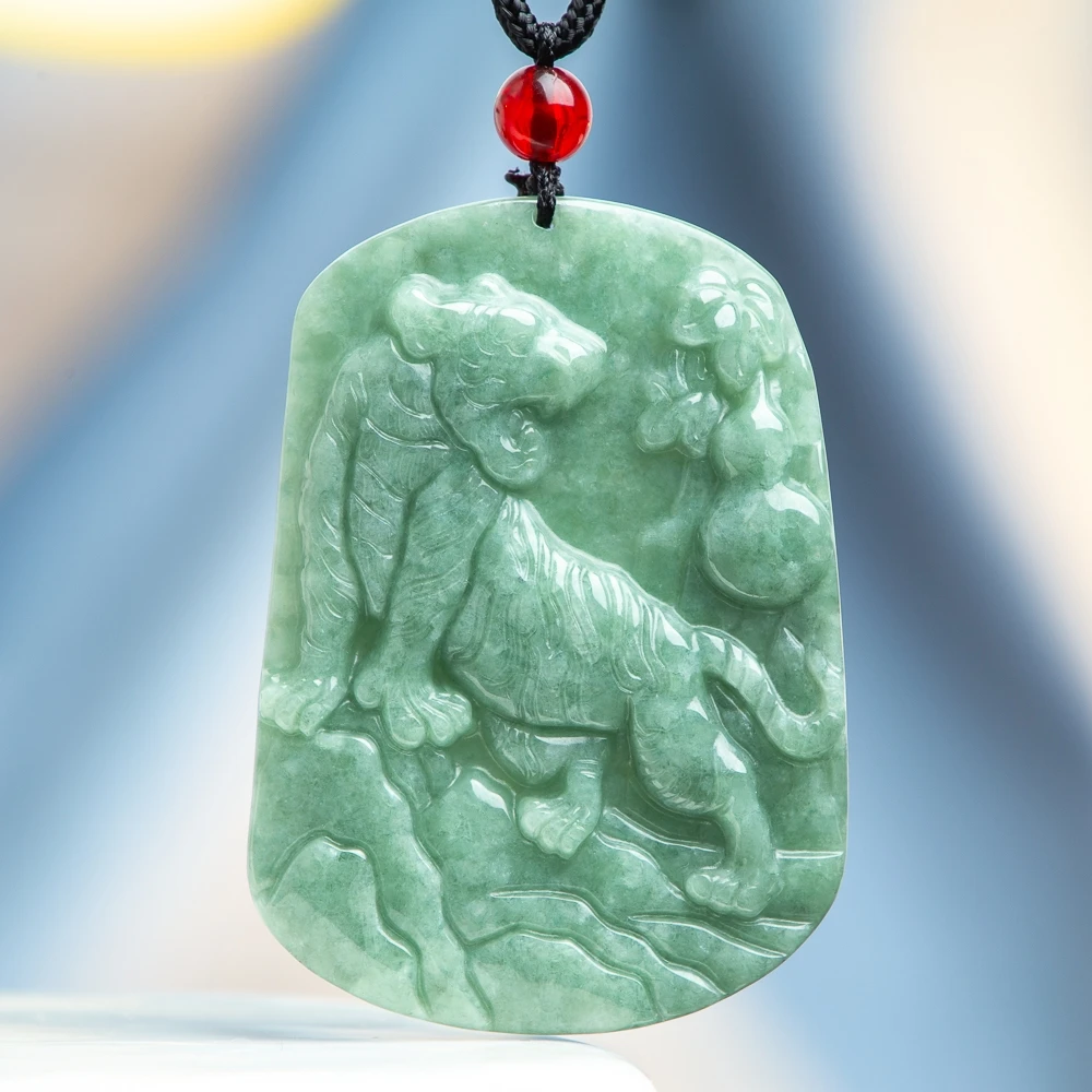 

TIMESWIND Green Natural A-type Jade Zodiac Tiger Roaring Pendant Men Lucky Necklace with Certificate