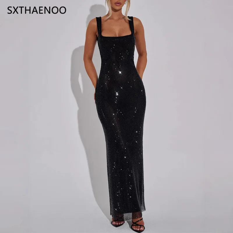 

SXTHAENOO сетчатое платье на бретельках с блестками и бриллиантами, женское тонкое блестящее однотонное платье с открытой спиной, элегантные женские вечерние длинные платья