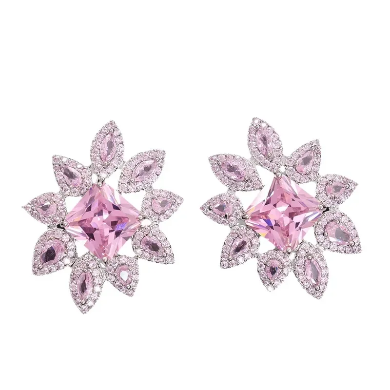 Cherry blossom powder crystal, square sunflower earrings, light luxury high-end stud earrings, full of diamonds, extravagant