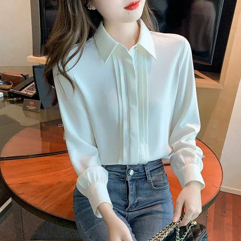 Office Lady White Women\'s Shirts Fashion Chiffon Long-sleeve Blouse Elegant Patchwork Button-up Shirt Basic Tops Women Clothing