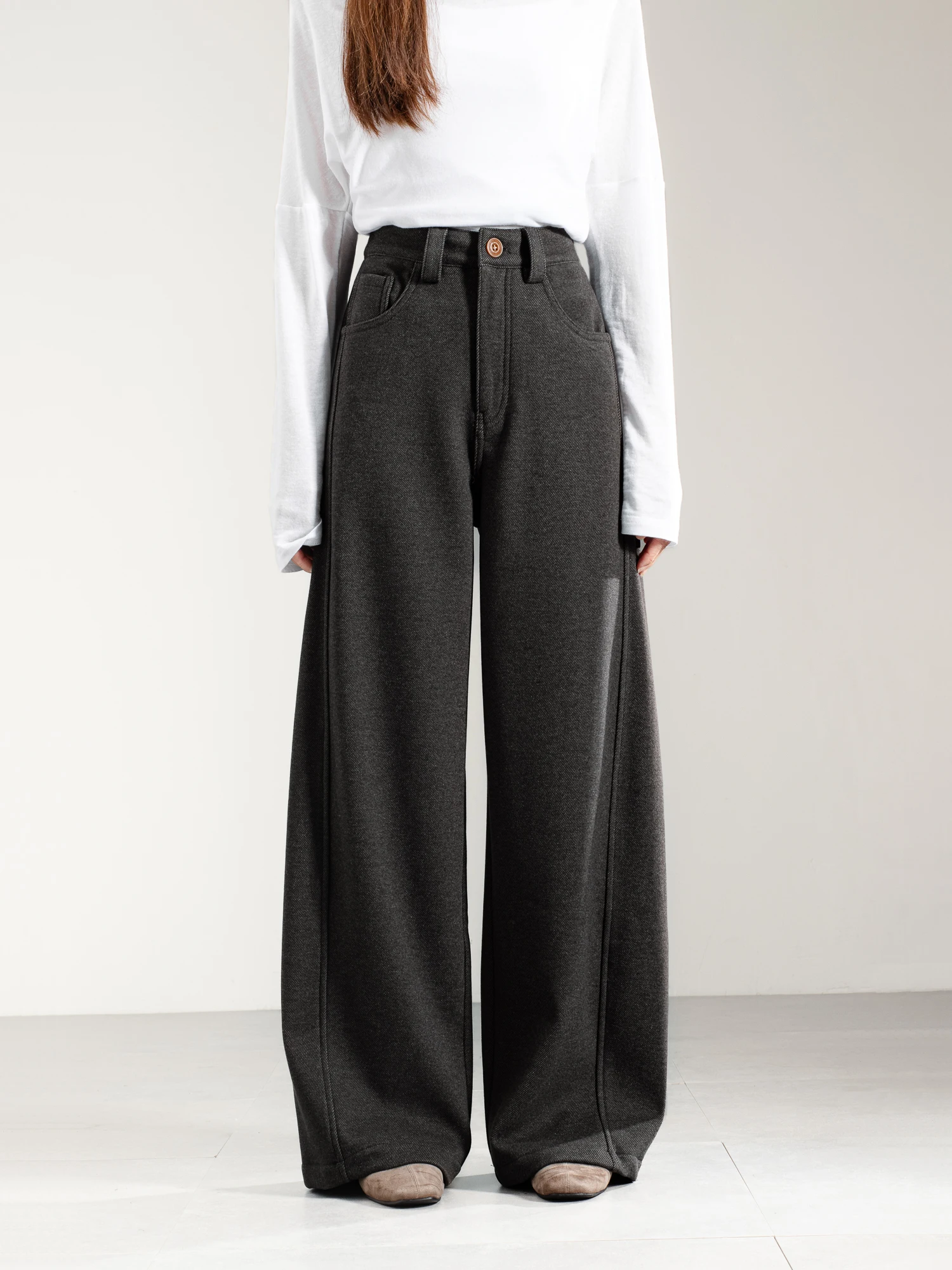 

Шерстяные повседневные брюки с высокой талией в стиле ретро, женские зимние прямые длинные брюки, удобные свободные брюки прямого кроя