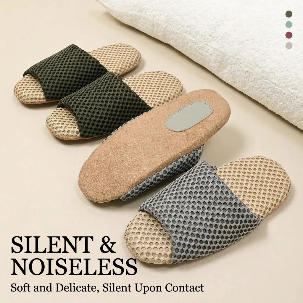 Unisex Silent Indoor Slippers Suede Sole Noise Reduction Mute Bedroom Shoes Breathable Mesh Open Toe House Slides for Men Women