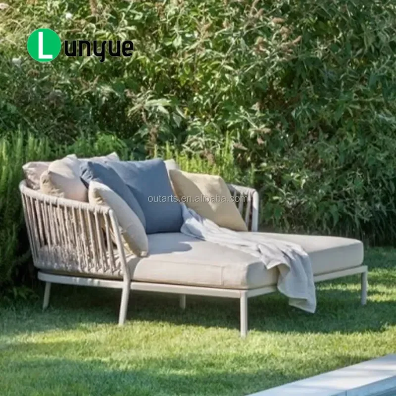 Durable Aluminum Outdoor Rope Woven Bed with Quick Drying Pad Poolside Resort Sofa for Patio Garden Backyard Waterproof