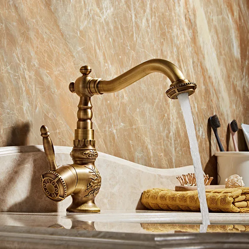 

Antique Faucet Bathroom Hot and Cold Retro Style Washbasin Brass Taps Carving Swivel Singe Handle Sink Tap