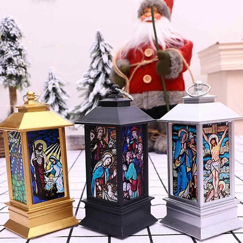 Lanterns Decorative With Jesus Pattern Battery Powered Vintage Church LED Lights Ornaments Durable Christmas Home Decoration For