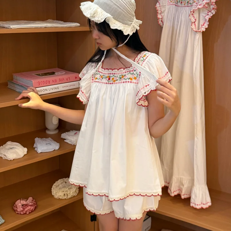 sweet-fairy-home-clothes-set-heavy-embroidery-short-sleeve-sleepwear-suitable-for-outdoor-wear-summer-casual-loose-fit