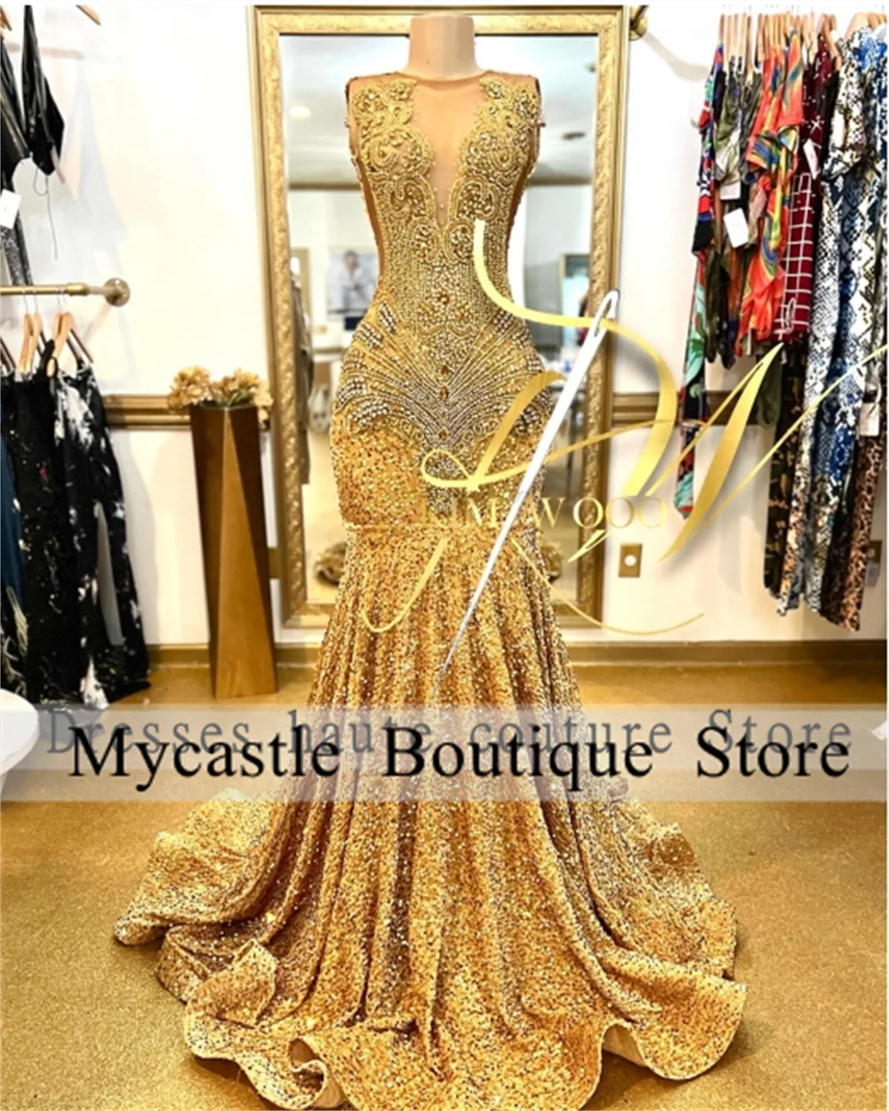 Gold Sequin Beaded Customized Prom Dresses Black Girl 2025 Crystals Rhinestones Mermaid Evening Dresses Birthday Party Gowns