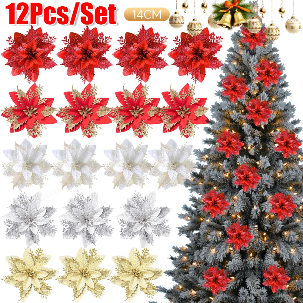 12PCS/Set 14cm Poinsettia Christmas Flower Xmas Tree Artifical Flower Ornaments Merry Christmas DIY Crafts Home Decoration