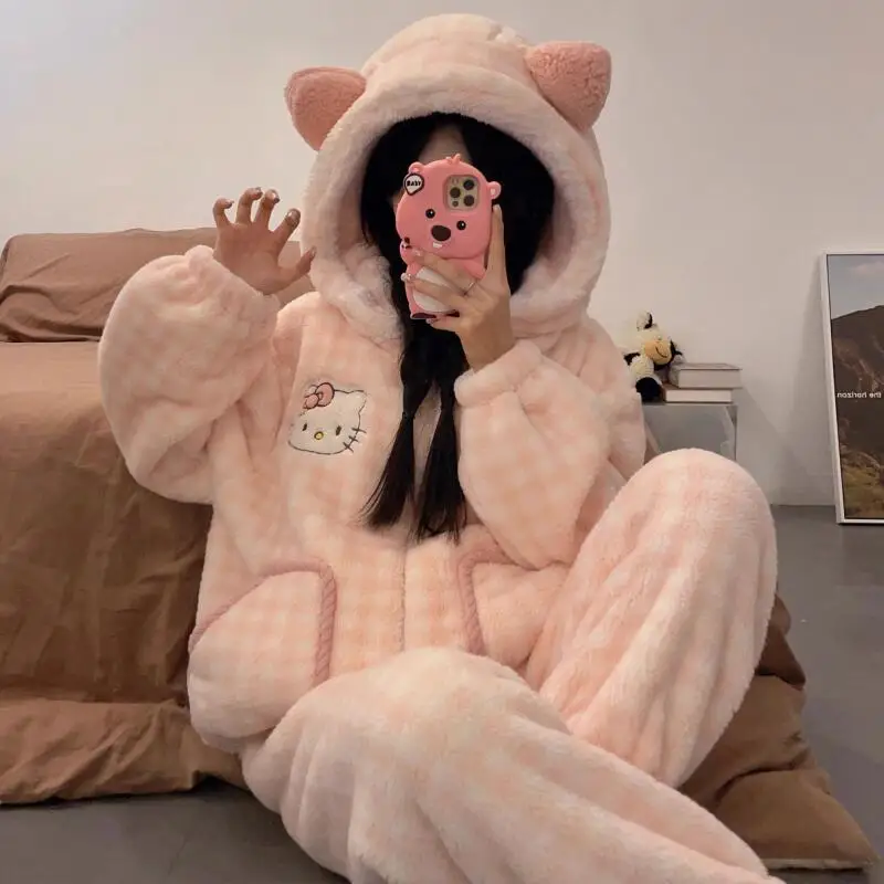 Kitty Cartoon Neue Korallen Samt Pyjamas Roben Winter Samt Verdickt Flanell Mittlere Länge Mit Kapuze Schlafen Kleid Set Hause Kleidung