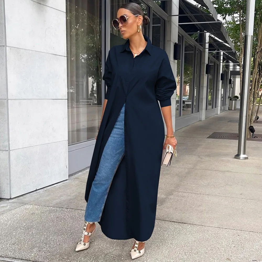 Women\'S Shirt Dress Fashion Chiffon Long Sleeve Cardigan Coat Soild Colors Shirt Top Blouse Ladies Elegant Maxi Shirt Dress