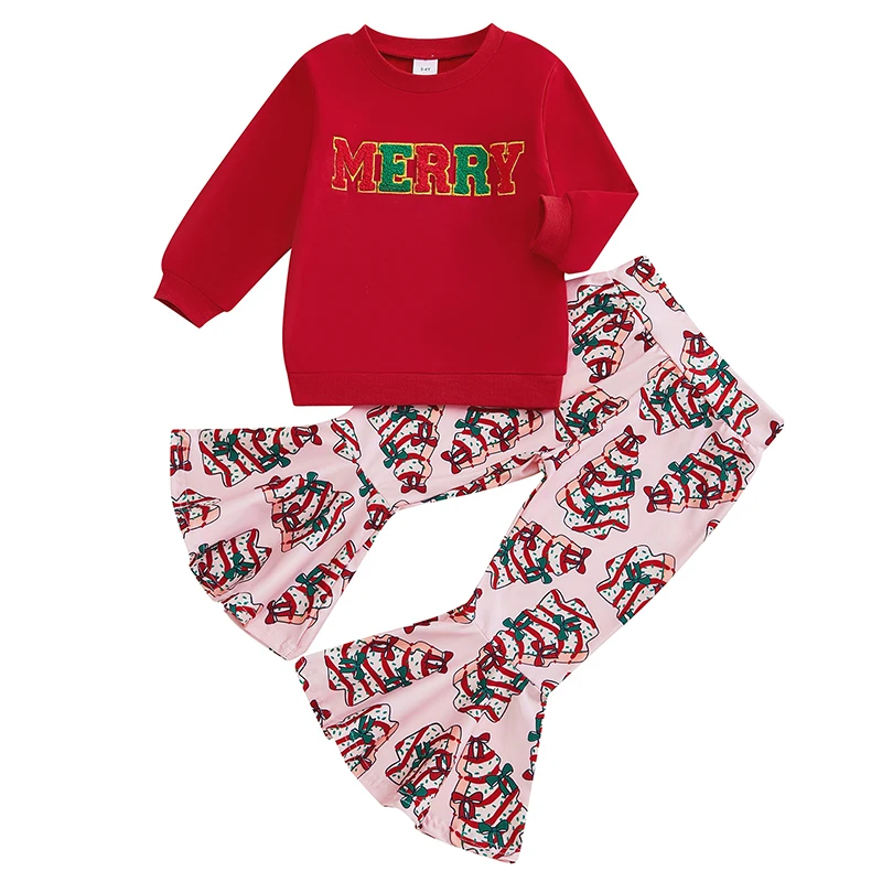 Kid Girls Pants Set, Tree Print Long Sleeve Sweatshirt with Flare Pants Christmas Outfit