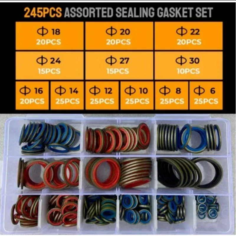 100/245pcs High Press Hydralic Rubber Oil Pip Bonded Washer NBR Metal Seal Ring Drain Plug Gasket Fit Combined Sealing Ring Set