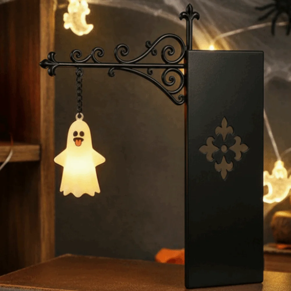 Wrought Iron Street Lamp Bookends Matte Black Hollow Out LED Glowing Lantern Button Cell Battery Powered Retro Style