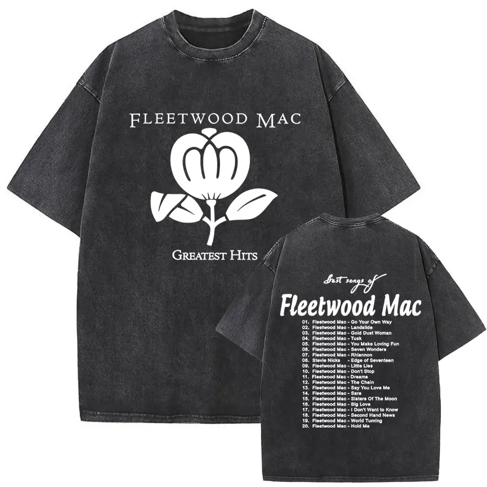 Washed Vintage Rock Band Fleetwood Mac Greatest Hits T-shirt Men Women Casual Cotton Oversized T-shirts Men's Retro Streetwear