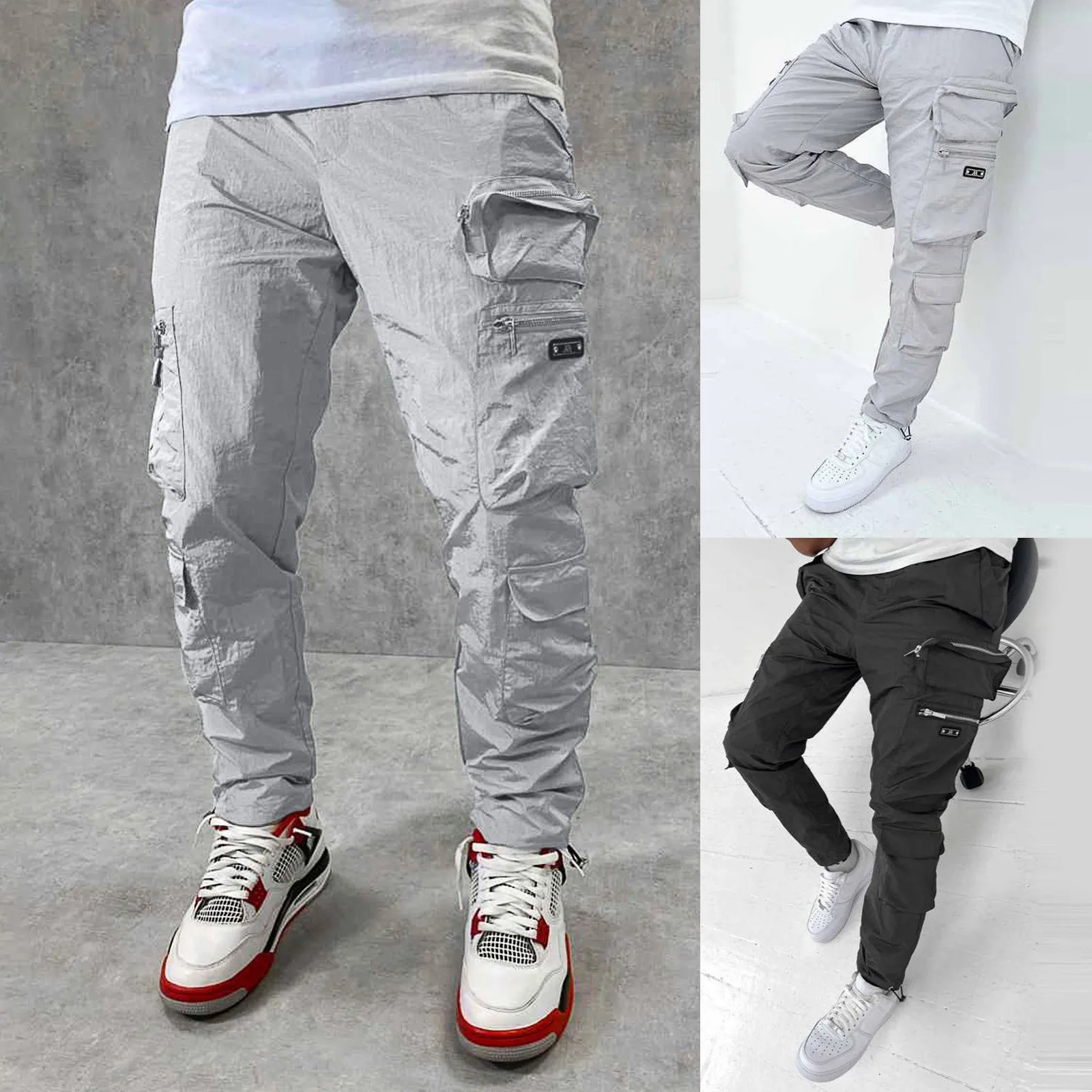 Men Cargo Pants Solid Color Loose Multi-pocket Summer Drawstring Pockets Pants Male Loose Harajuku Streetwear Trousers Casual