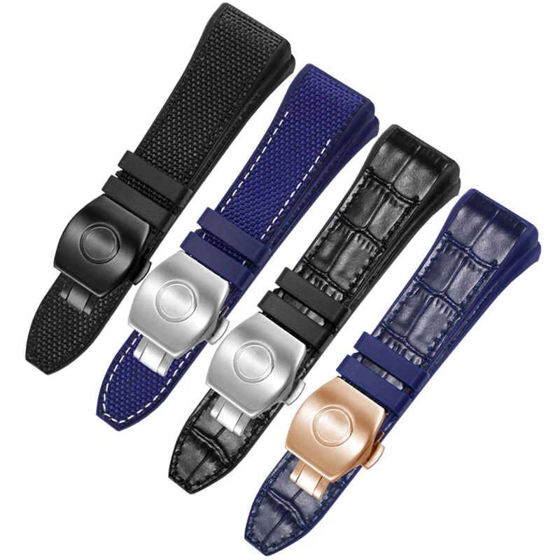 28mm High Quality Nylon Genuine Leather Silicone Watchband Black Blue Folding Buckle Watch Strap For Franck Muller V45 Series