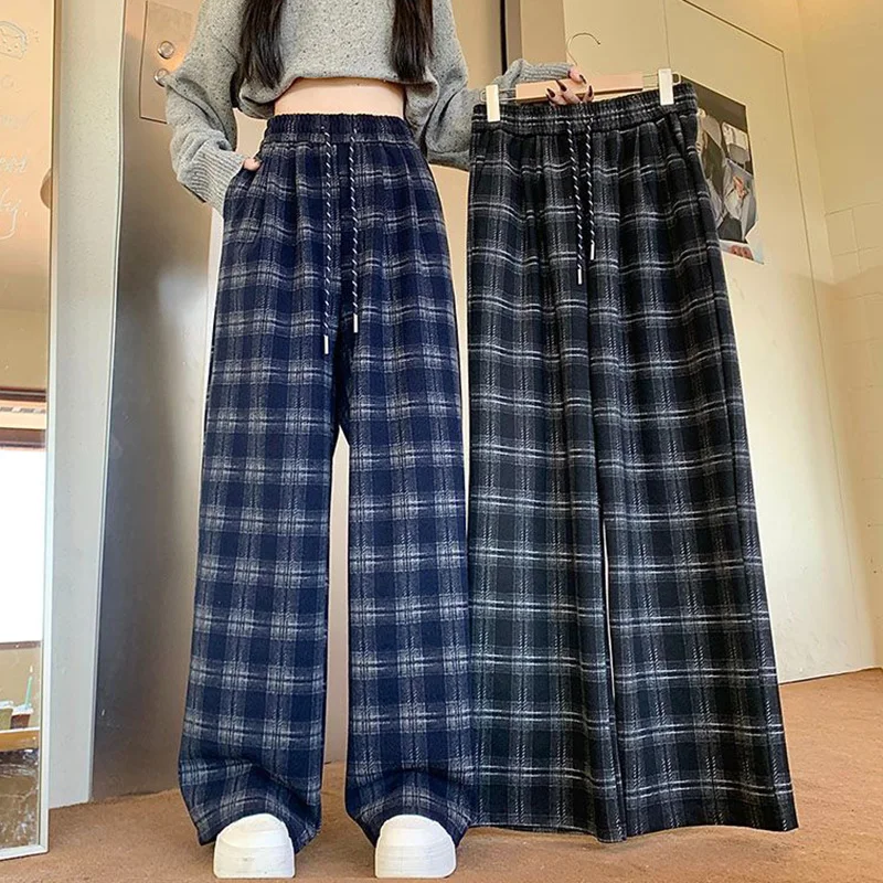 Pantalones de cintura alta a cuadros a la moda Retro para mujer, pantalones coreanos elegantes de cintura alta para niñas, pantalones de pierna recta holgados cómodos para mujer