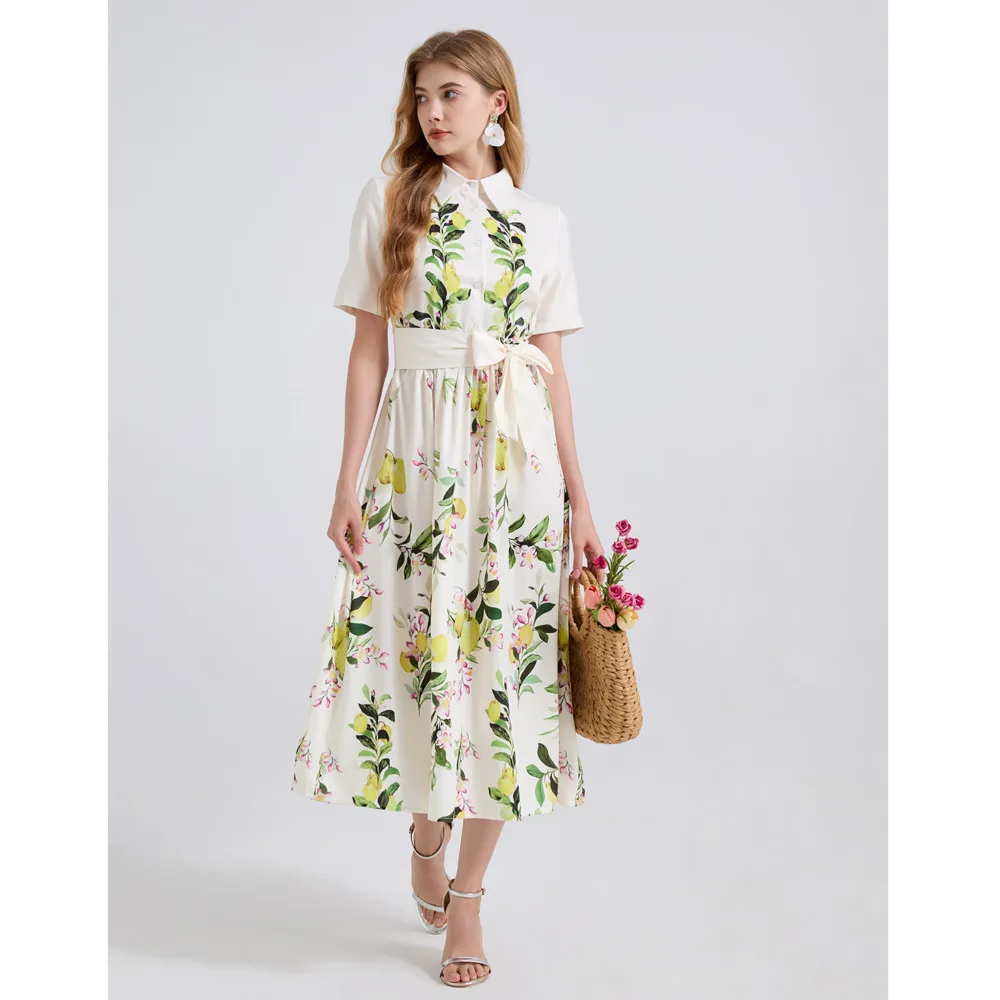 

Runway Fashion Maxi Dress Shirt Summer Bohemian Short Sleeve Lemon Print Sundress Belted Elegant Floral Long Vestidos