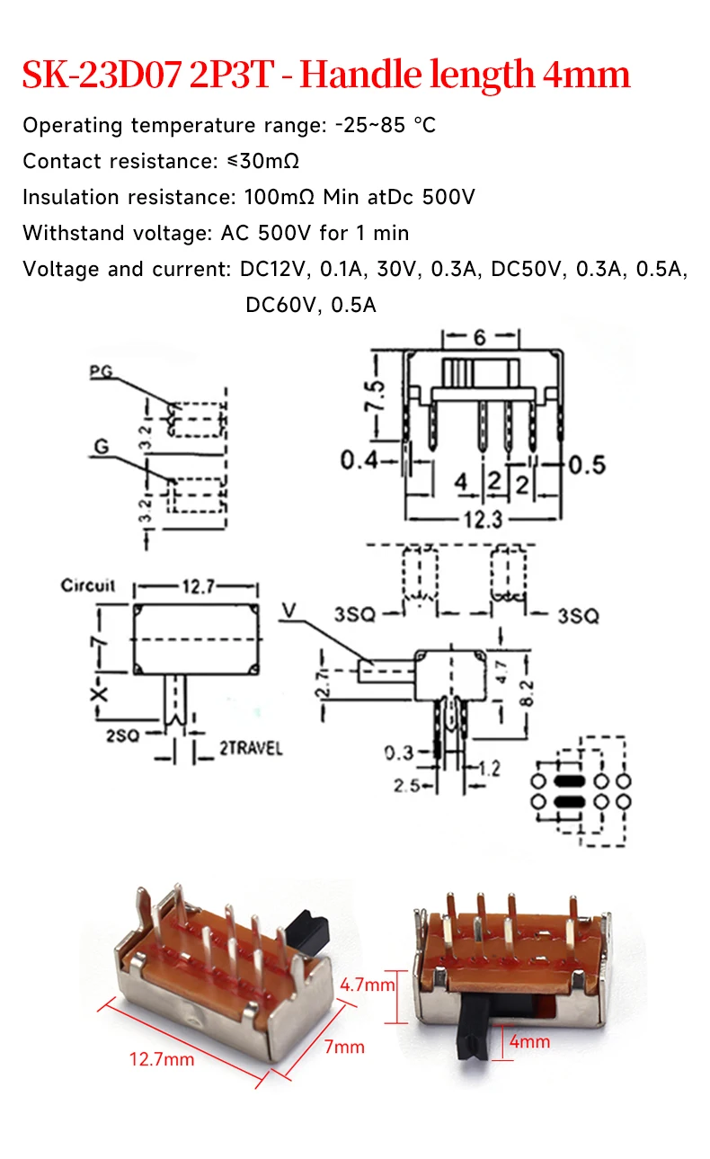5 Stück SK-23D07 2P3T Doppelreihiger Horizontaler Leistungsschalter 8-Pin 3-Positionen Miniatur-Horizontalschalter mit 4mm Grifflänge – Detail 1