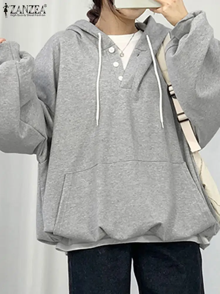 

ZANZEA Women Solid Color Sweatshirt 2023 Autumn Oversized Hoodies Fashion Buttons Hooded Tops Street Pocket Long Sleeve Sweaters