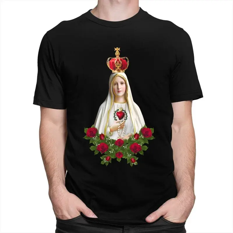 مخصص سيدة فاطمة بلايز للرجال قصيرة الأكمام البرتغال الوردية الكاثوليكية مريم العذراء تي شيرت فضفاض صالح 100% القطن تيز