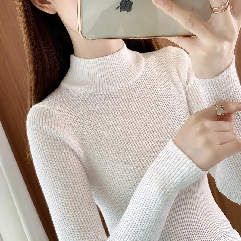 Women\'s Clothing Solid Color Pullover Long Sleeve Autumn Winter Turtleneck Screw Thread Sweater Knitted Elegant Fashionable Top