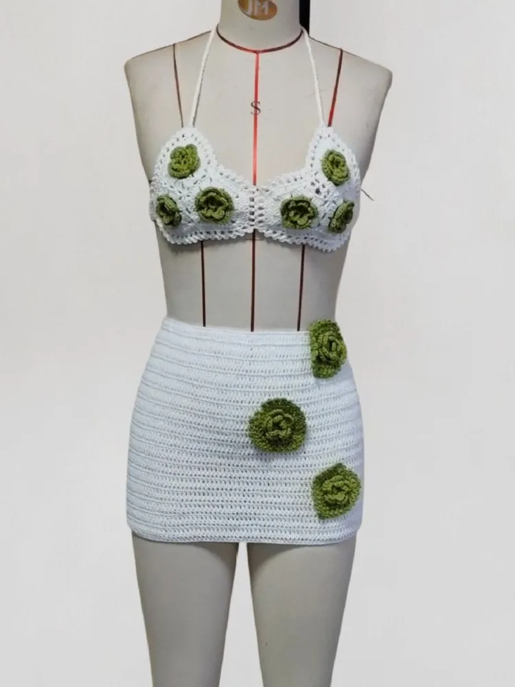 Conjunto de 2 piezas de falda para traje de baño, Tops cortos y minifalda para mujer, traje de baño a la moda, liso, calado, Sexy, para cubrir la playa