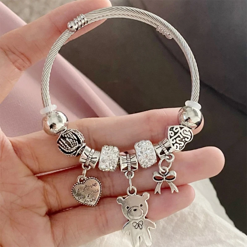Antique Beaded Charm Bracelet Bear Pendant Hearts Love Adjustable Bracelet Bangle Women DIY Jewelry Gift