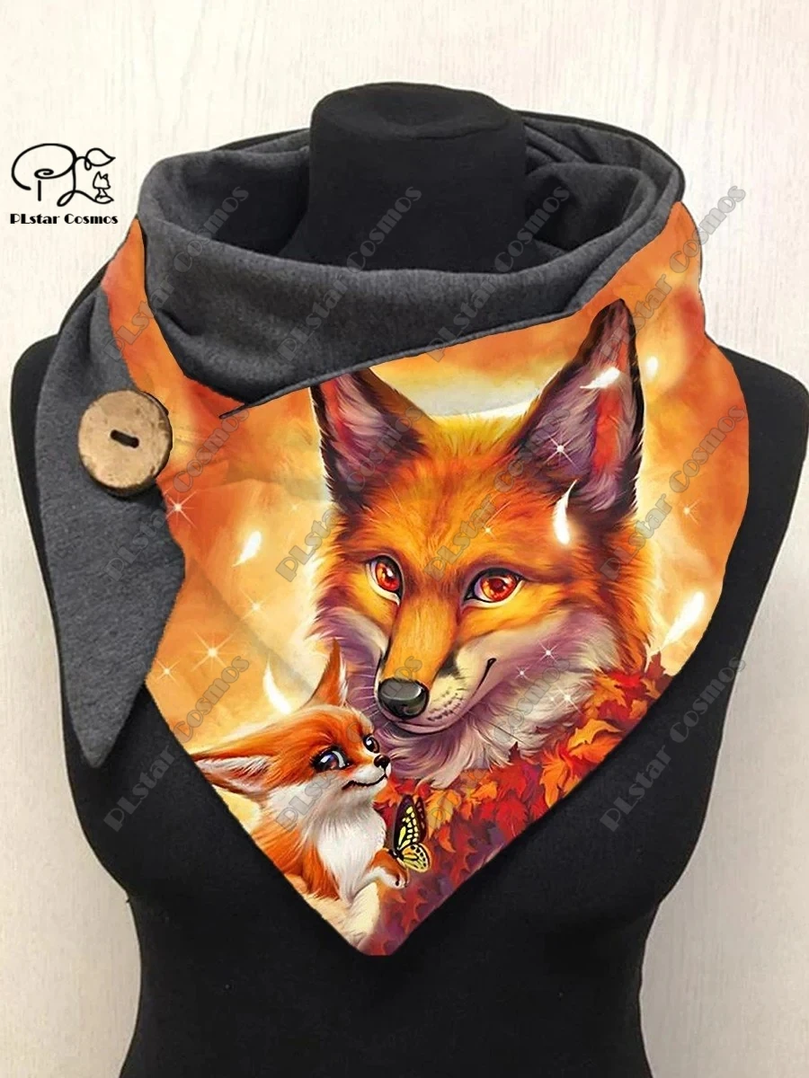 3D printing animal series cute fox fallen leaves snowflake pattern women\'s warm shawl spring and winter small triangle scarf H-2