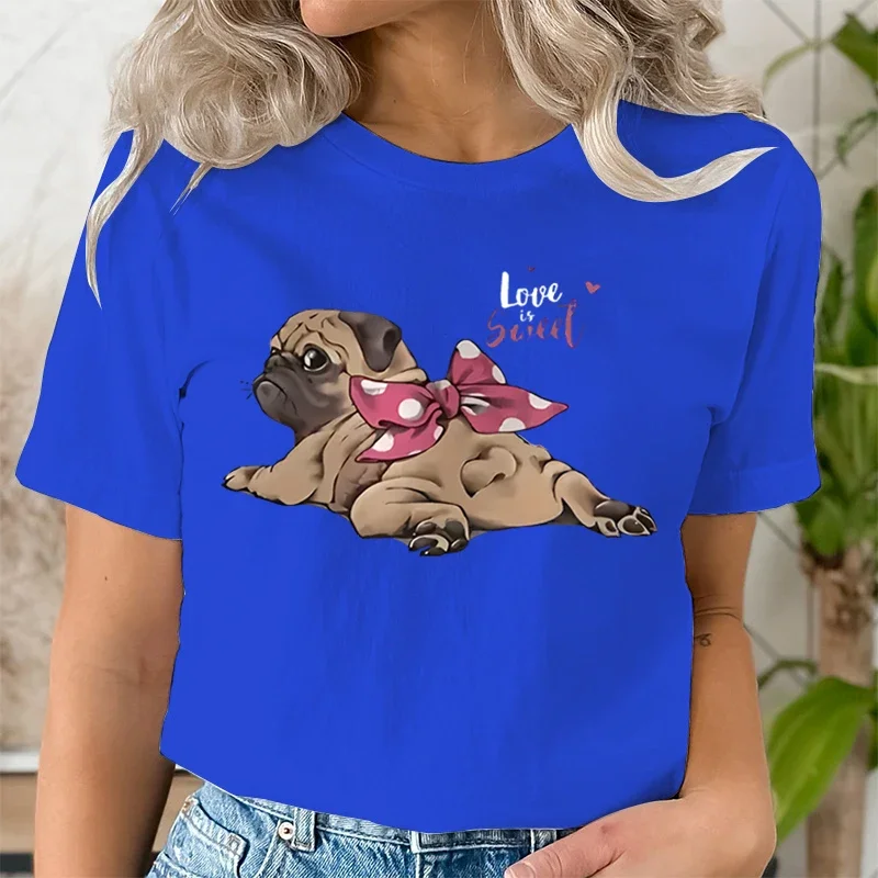 Woman Funny T Shirts Pug Lovers Gifts Fashion Woman Blouse Round Neck Dog Lover T-Shirt Cute Pugs Summer Short Sleeve T-shirts