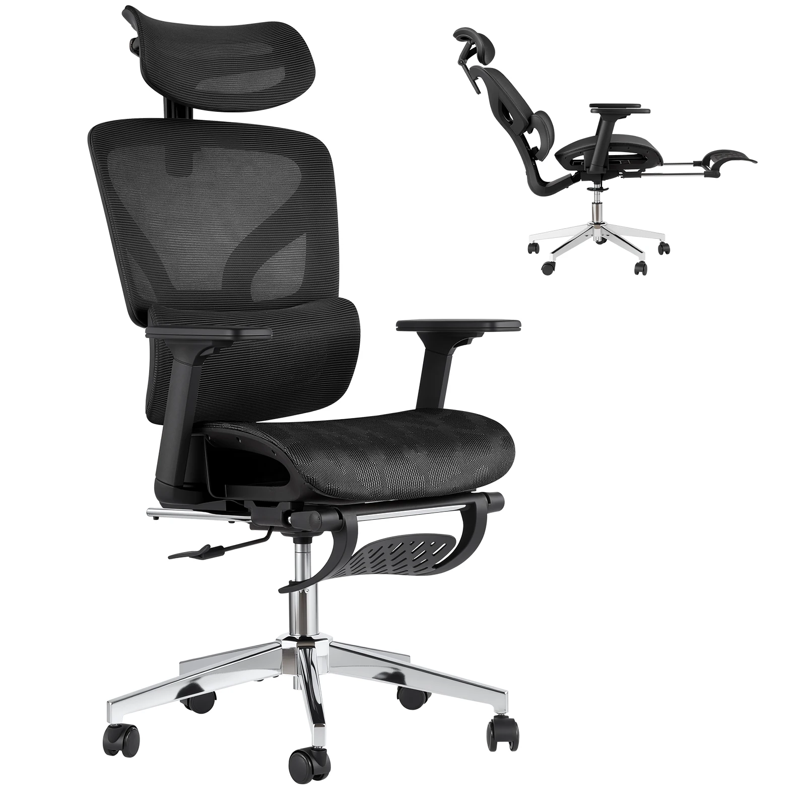 Ergonomische bureaustoel met hoge rugleuning van mesh – 3D verstelbare armleuningen, lendensteun, voetsteun – Ideaal voor thuiskantoor, studeren, gamen