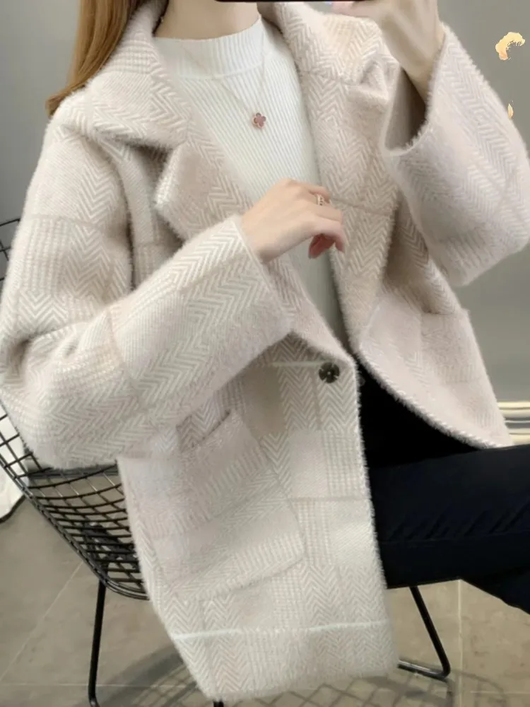 Women's Mink Velvet Coat Thickened 2024 Autumn and Winter New Korean Style Loose Jacket Knitted Woolen Suit Lady Cardigan Top