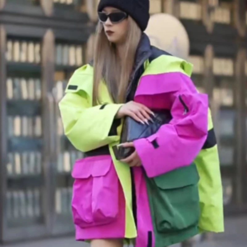 Women's Down Jacket Color Patchwork Coats Stand-up Collar Pockets Hooded Thick Winter Coat with Pockets Female Outerwear