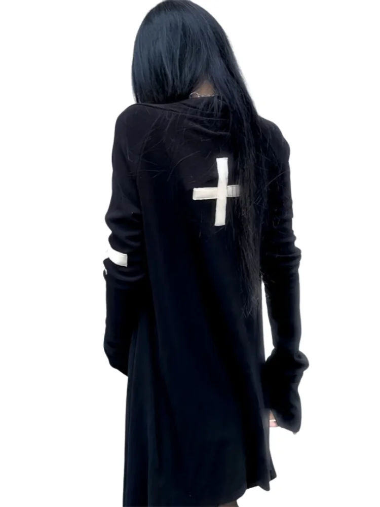 Gothic Vintage Y2k Punk Cross Long Sleeve Thin Knitted Cardigan Sweaters Women Men Cloth Streetwear 2000s Grunge Irregular Tops