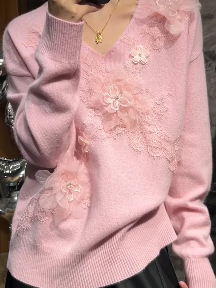 

Корейский модный универсальный женский свитер с V-образным вырезом и цветочным узором, большие размеры, теплый, с длинными рукавами