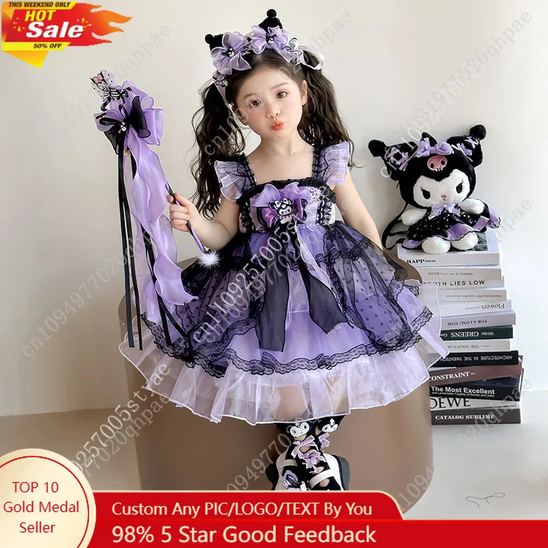 

Kuromi Purple Black Lace Ruffled Tulle Kuromi Themed Sleeveless Lolita Princess Dress for Girls
