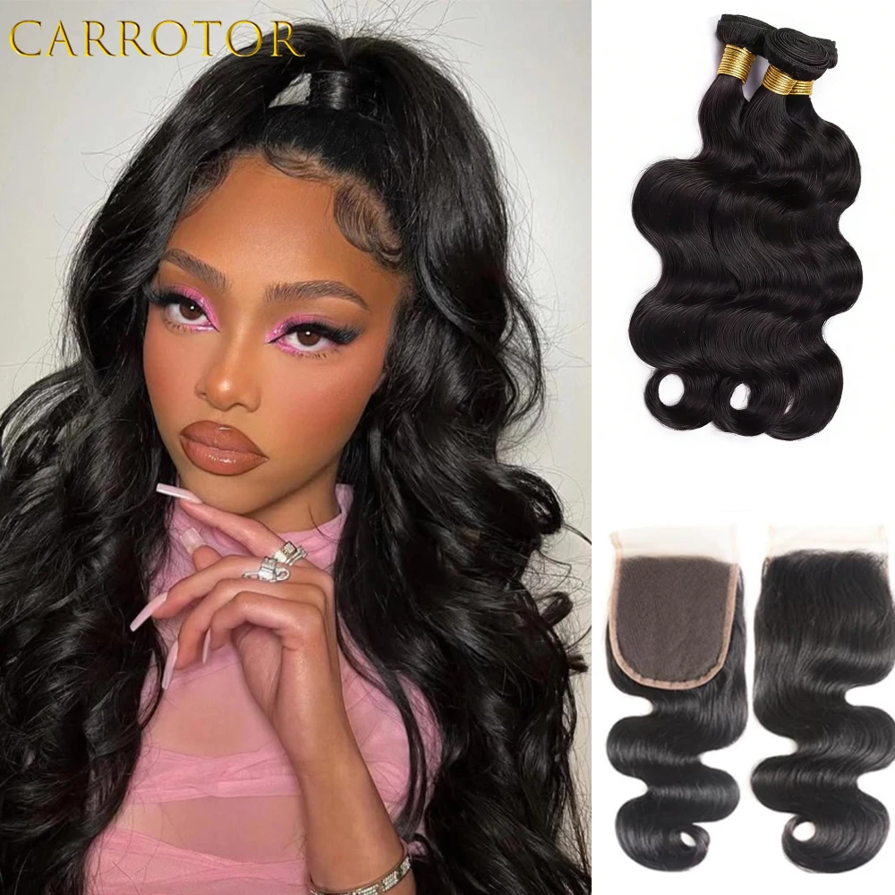 

Body Wave Natural Black Color Human Hair Bundles with Closure 4x4 Raw Brazilian Hair Extensions Weave 3 Bundles For Woman