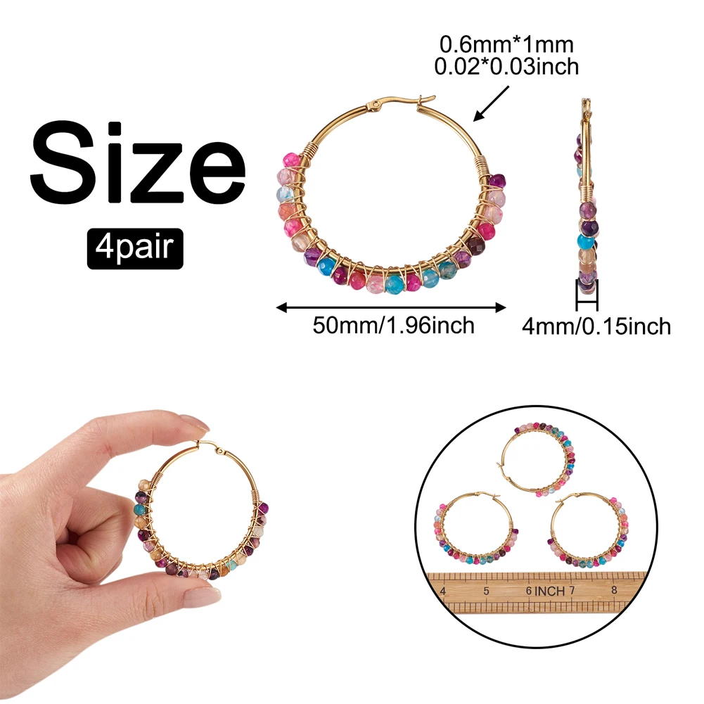 4 Pairs 50mm Hoop Earrings Stainless Steel Earrings Natural Agates Beads Round Circle Ear Ring Women Fashion Jewelry Gift