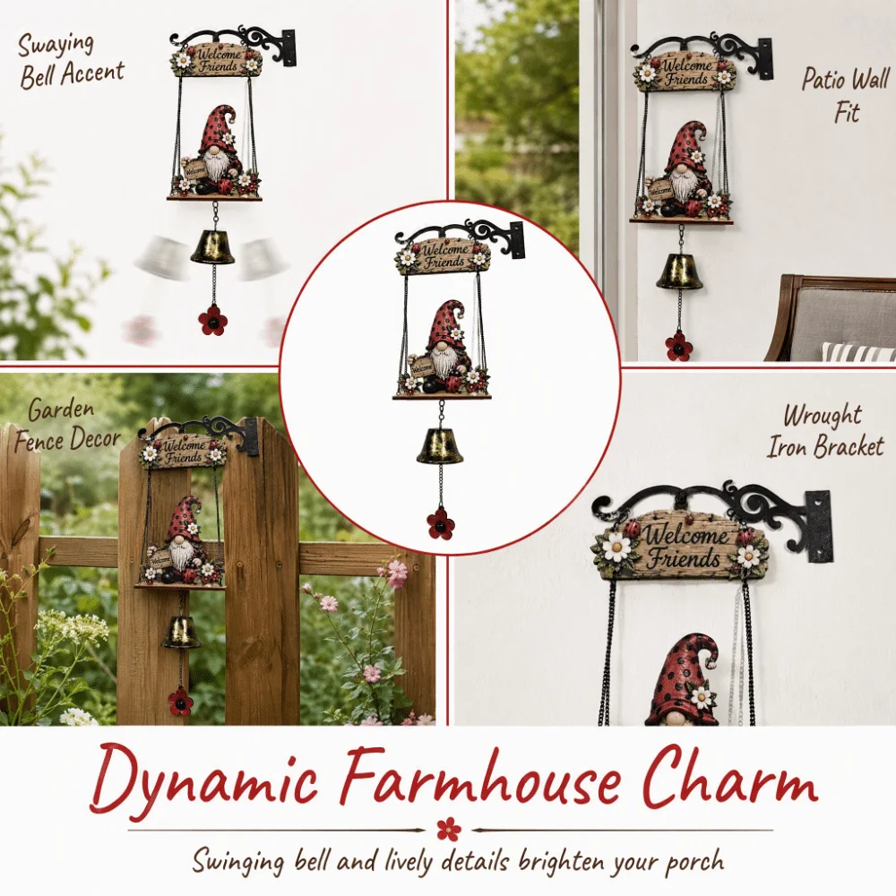 Rustic Metal Bell Gnome Welcome Sign 7.1x16.9in Rustic Finish Gnome Doorbell Decor Integrated Outdoor Welcome Ornament For Fence