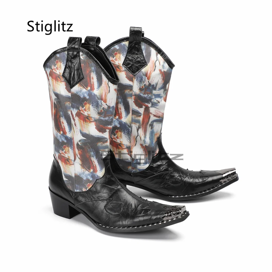 Męskie buty jeździeckie ze skóry bydlęcej z haftem, luksusowe nadruki graffiti, metalowe szpiczaste noski, wysokie obcasy, wsuwane botki Chelsea, buty wizytowe.