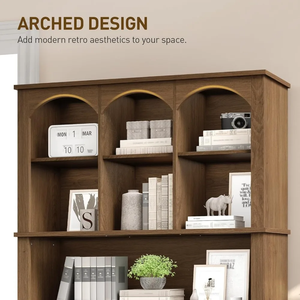 Современная 6-уровневая арочная книжная полка середины века с ящиком для хранения и дверцей, высокий напольный книжный шкаф в стиле фермерского дома