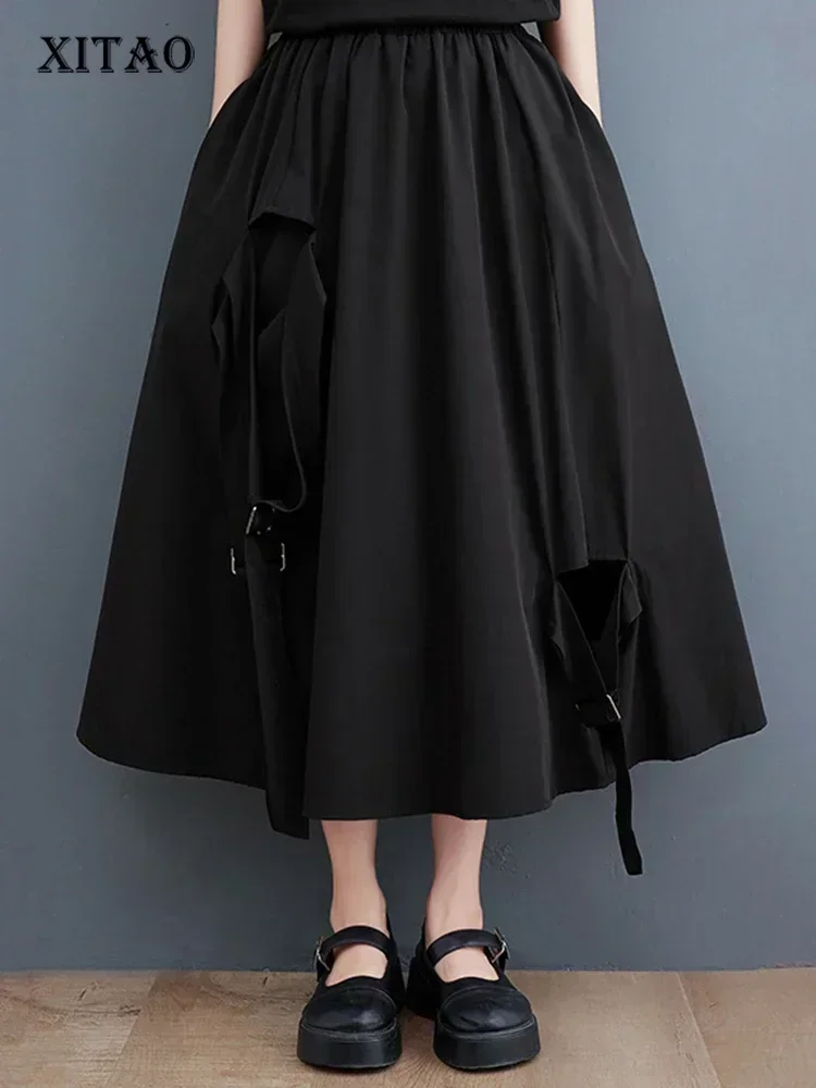 

XITAO Loose Hollow Out Skirt Women Female 2025 Summer New Arrival Irregular Trendy A-line Irregular Solid Color Skirt DMJ1361