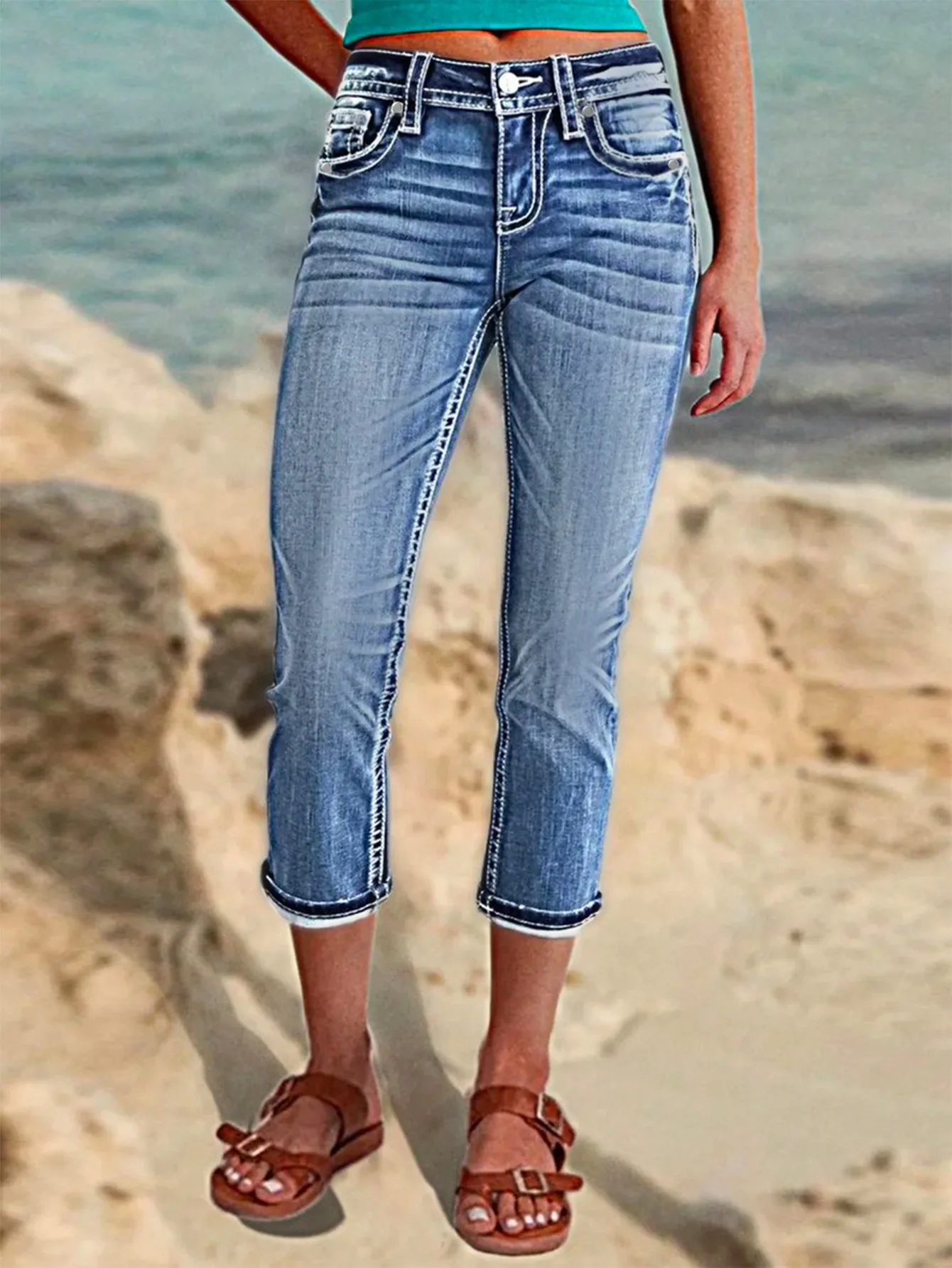 

WGXWGX Women's High-Waisted Slim Fit Cropped Jeans Vintage Wash Casual Summer Denim Cotton Blend with Rolled Hem