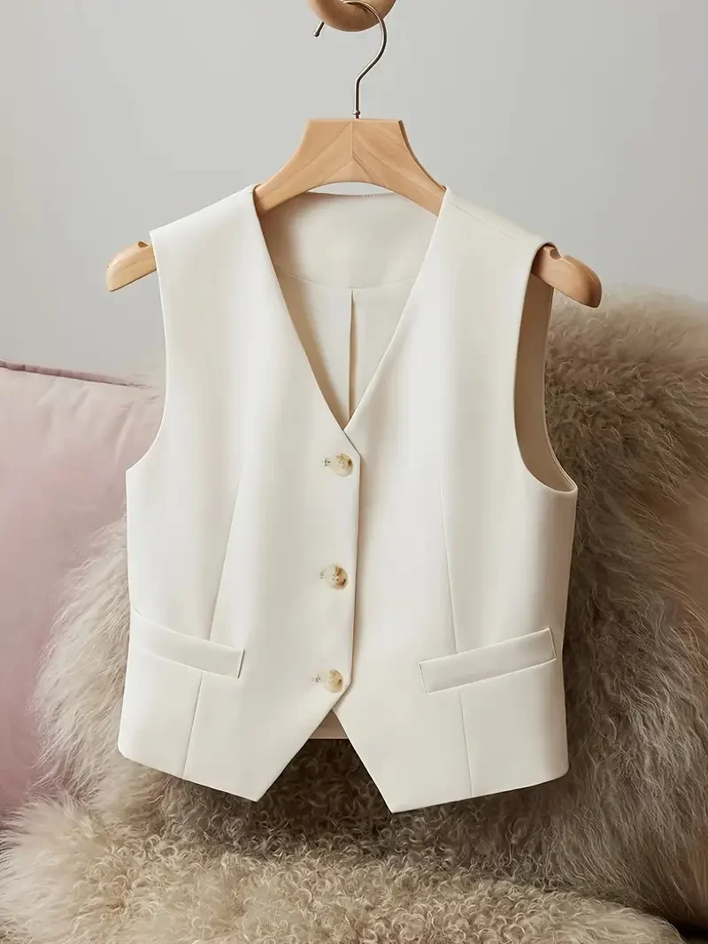 Vintage Fashion Button Front V-neck Vest Casual Solid Color Sleeveless Suit Vest New Commuter Elegant Women's Simple Chic